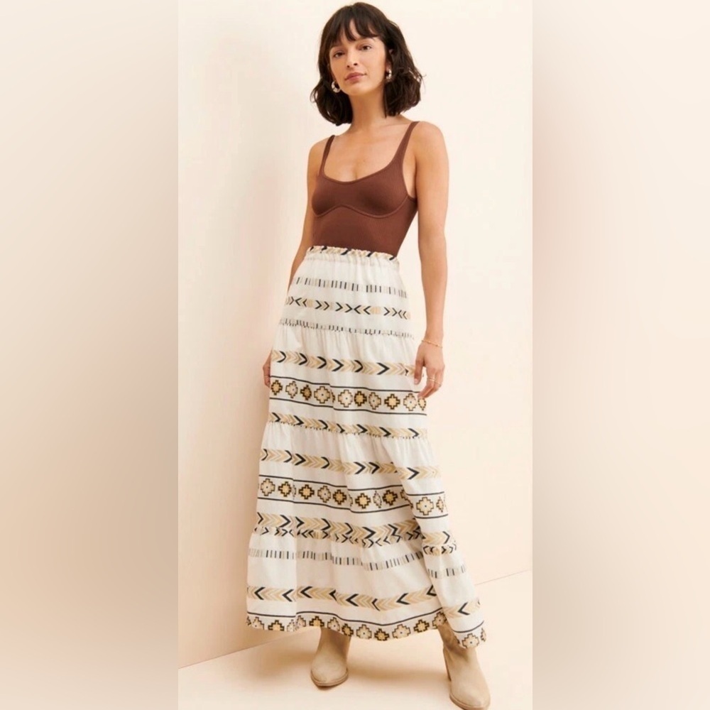 Anthropologie Kasia Ydra Cotton Gold Black Embroidered Aztec Tribal Maxi Skirt